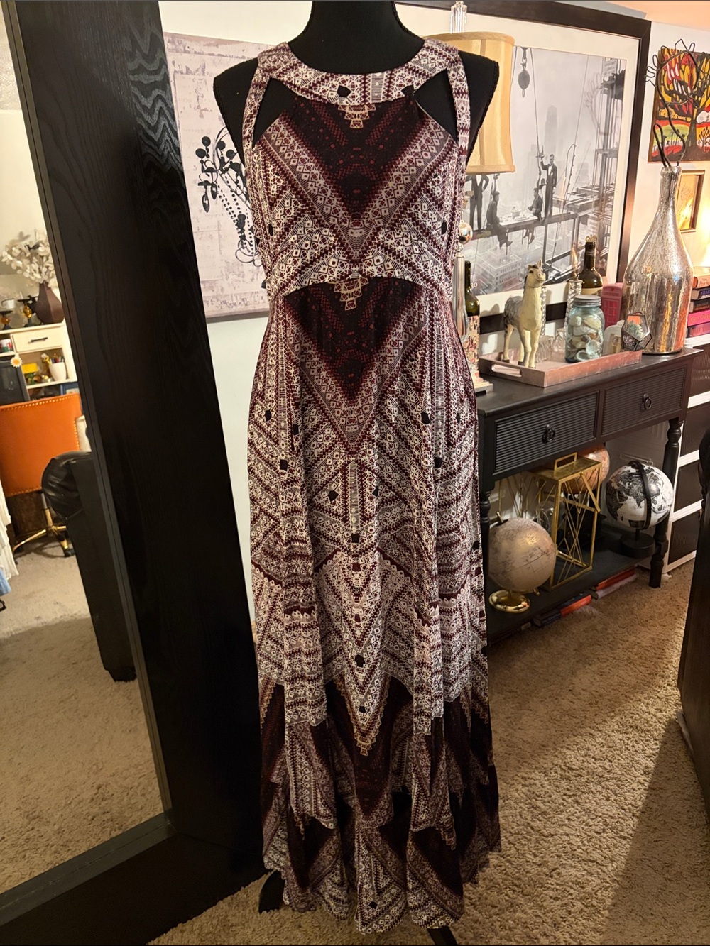 Free People Burgundy and Cream Patterned Cutout Maxi Dress